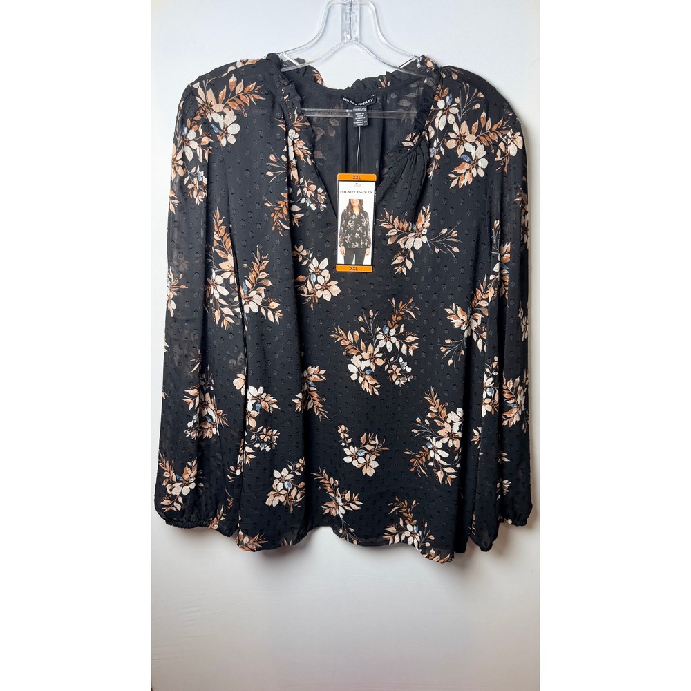 Hilary Radley Women XXL Black Floral Clip Dot Chiffon Blouse V-Neck Top NWT